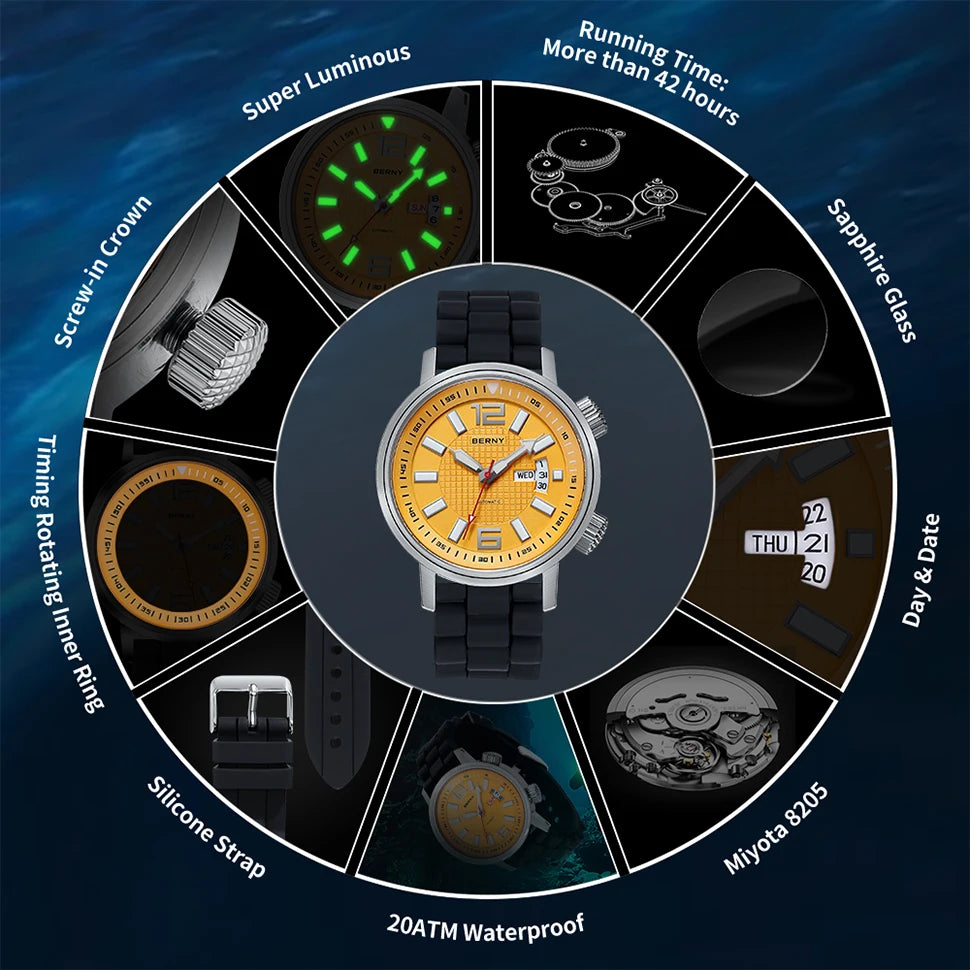 20ATM Diver Automatic Watch for Men Swim Mechanical Wristwatch Calendar Super Luminous Sapphire Lens Sport Watch Men Waterproof