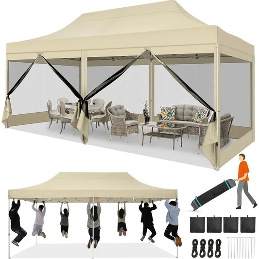 10x20 Heavy Duty Pop Up Canopy Tent with 6 Sidewalls, Commercial Gazebo Party Tent with Mosquito Netting Wall Easy Set Up Outdo