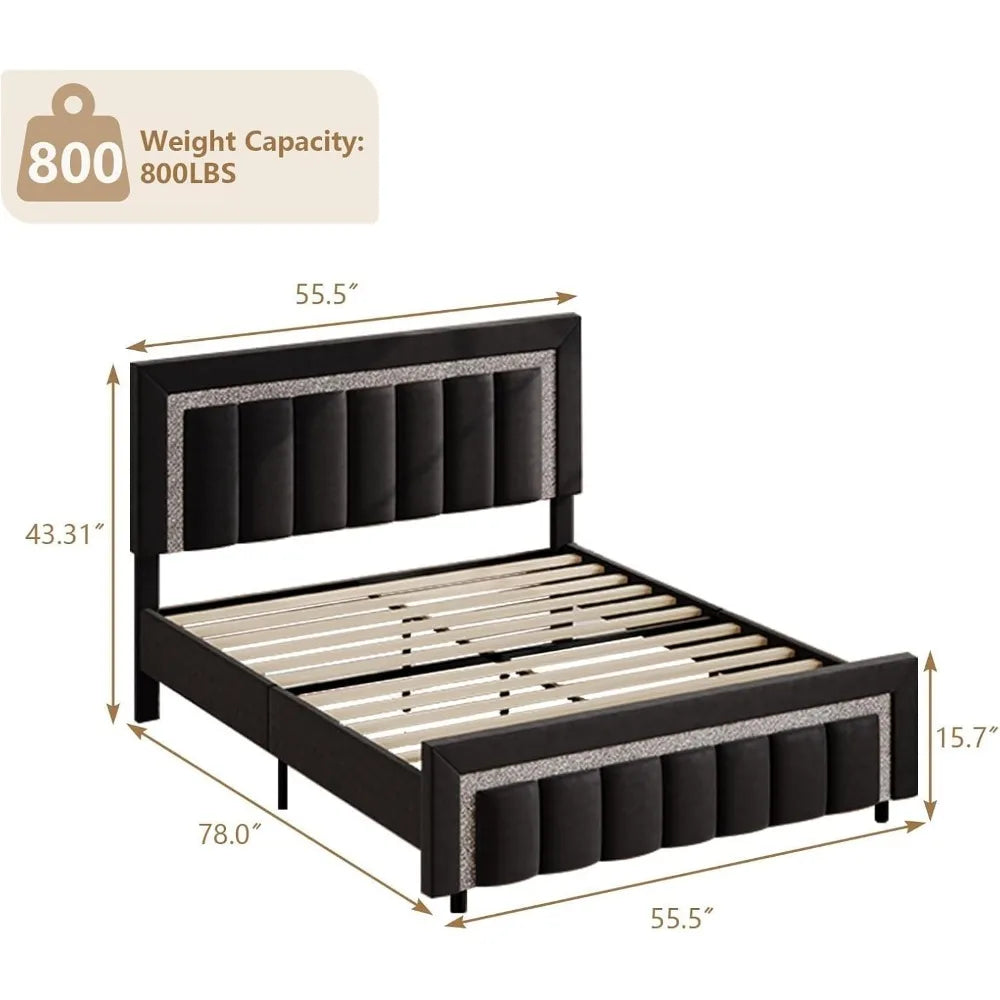 HOMBCK Full Size Bed Frame, Black Velvet Upholstered Bed Frame with Diamond Tufted Headboard and Footboard, Vertical Channel Tuf