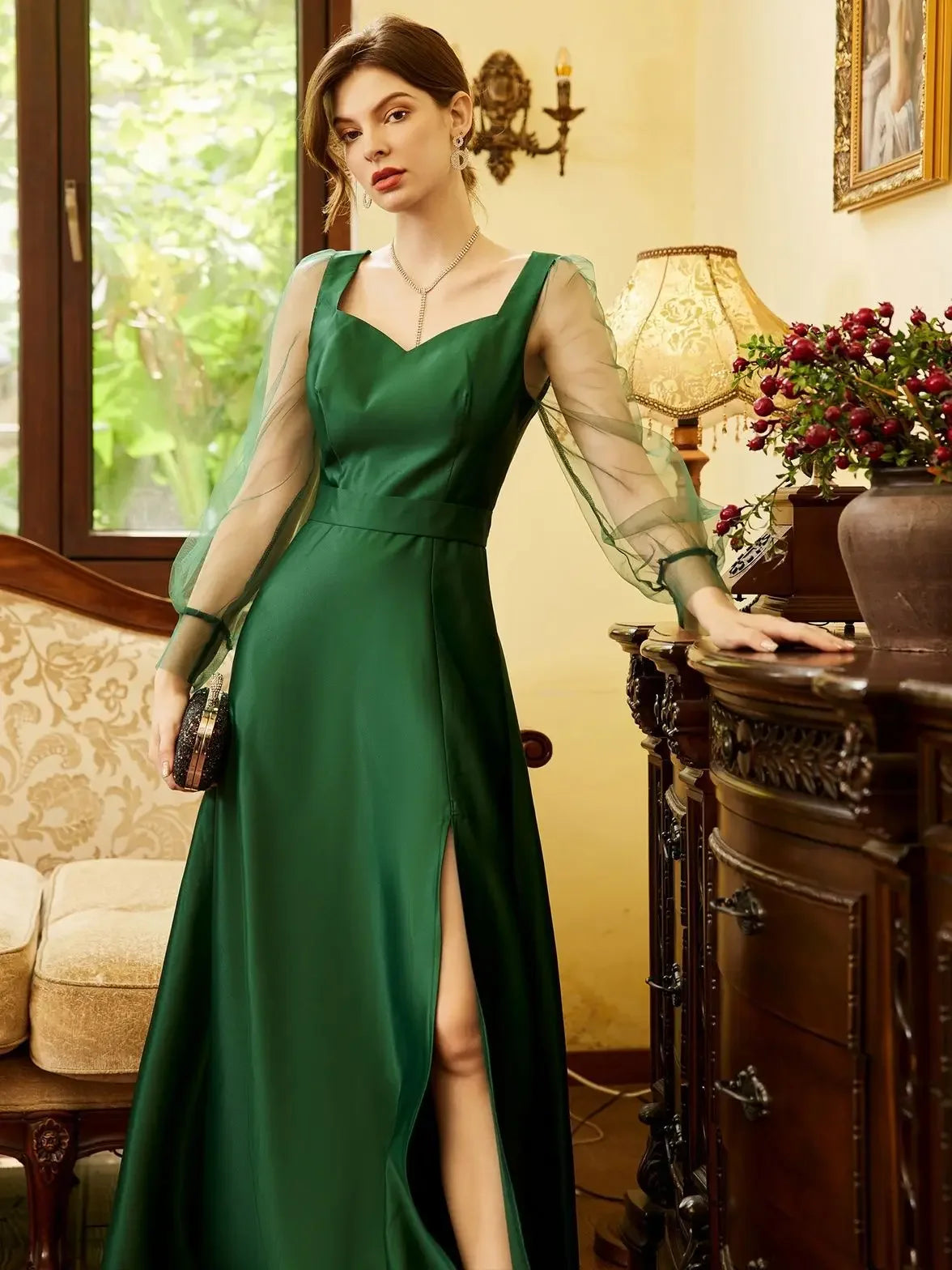 Cocktail Dresses Womens Green Satin Formal Wedding Guest Evening Party Maxi Dresses Long Sleeve Split Maxi Cocktail Long Dresses