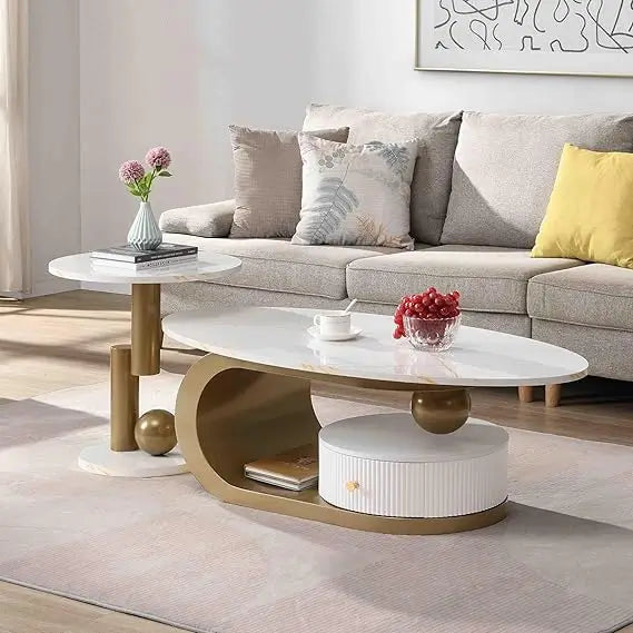 Modern Nesting Coffee Table Set of 2, 2-Piece Modern Oval Decorative Coffee Center Table with White Faux Marble Top and Black Me