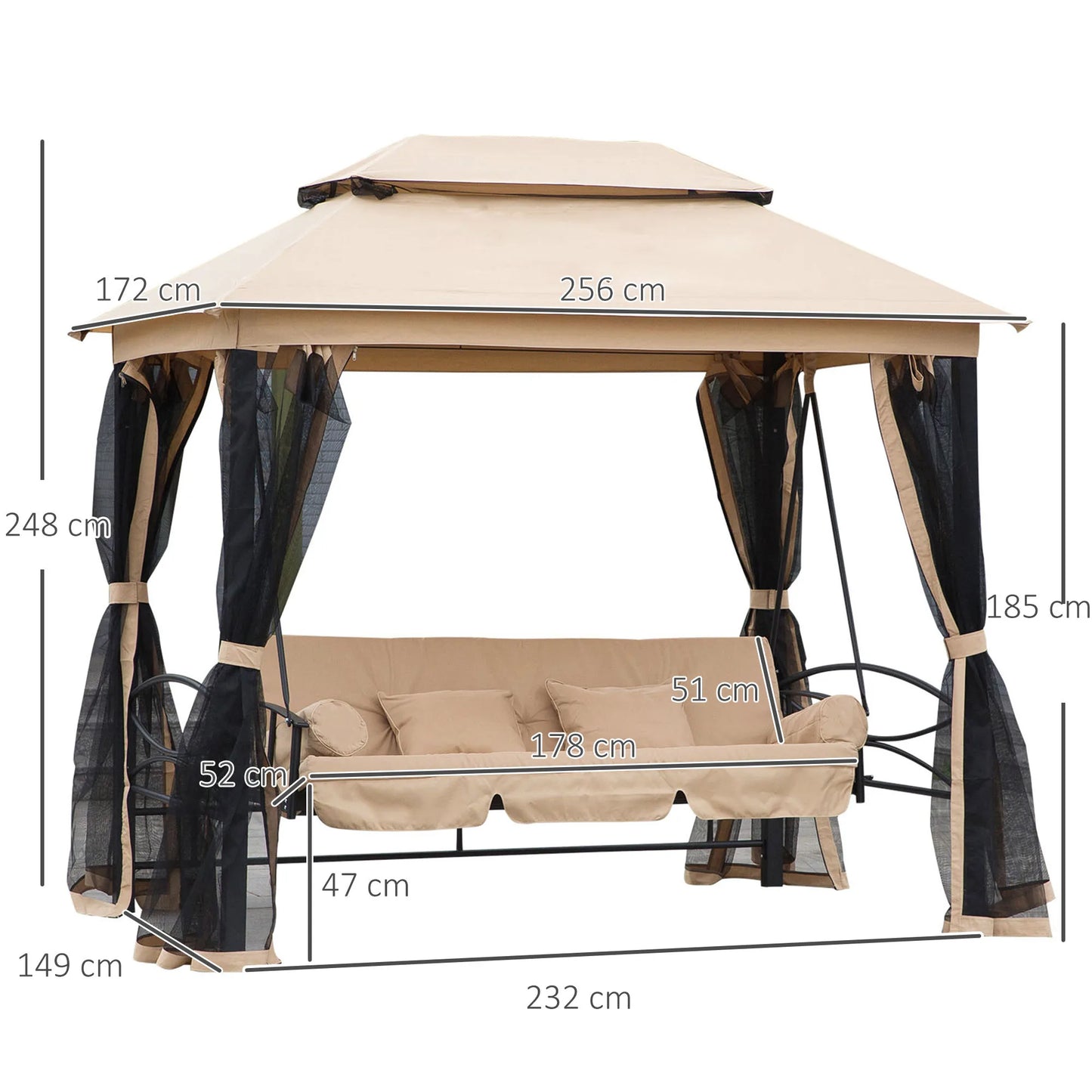 Outsunny 3 Seater Swing Chair 3-in-1 Convertible Garden Swing Seat Bed Gazebo Patio Bench Outdoor with Double Tier Canopy