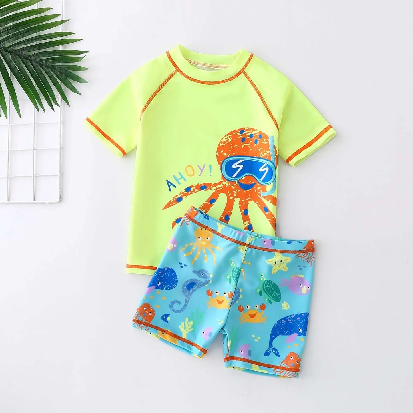 Little Boy Swimming Costume One-Piece Small Octopus Cartoon Cute Pattern Spa Swimming Costume Short-Sleeve Swimsuit For Boys