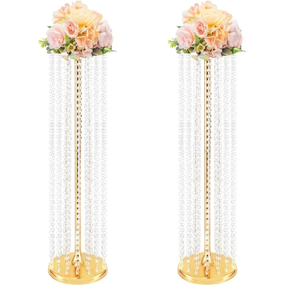 2 Pcs Wedding Centerpieces Flower Vases 35.4" Tall Chandelier Crystal Vase Gold Metal Flowers Stand for Party Tables Decorations