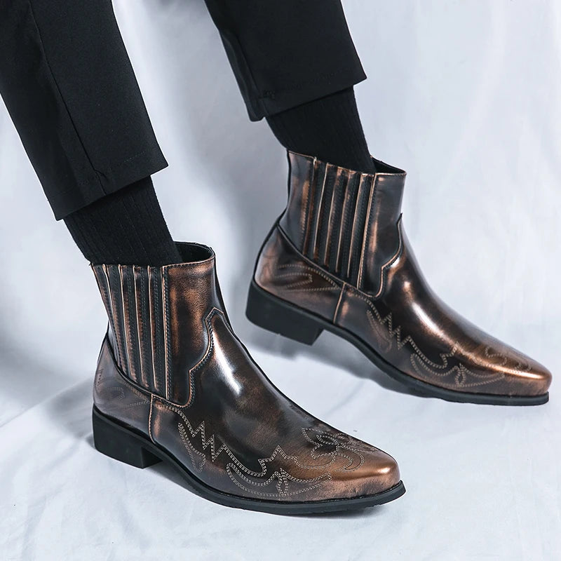 Men's Classic Retro Chelsea Short Boots Mens Fashion Embroidery Ankle Boot High-top Casual Shoes for Men