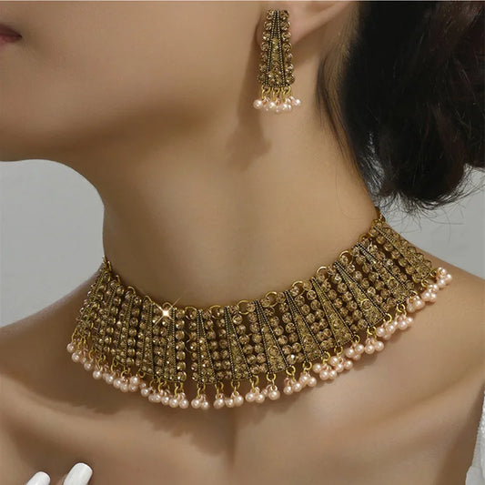 Statement Jewelry Sets Crystal Vintage Elegant Geometric Simulated Pearl Beads Necklace Earring Sets Fashion Women Accessories
