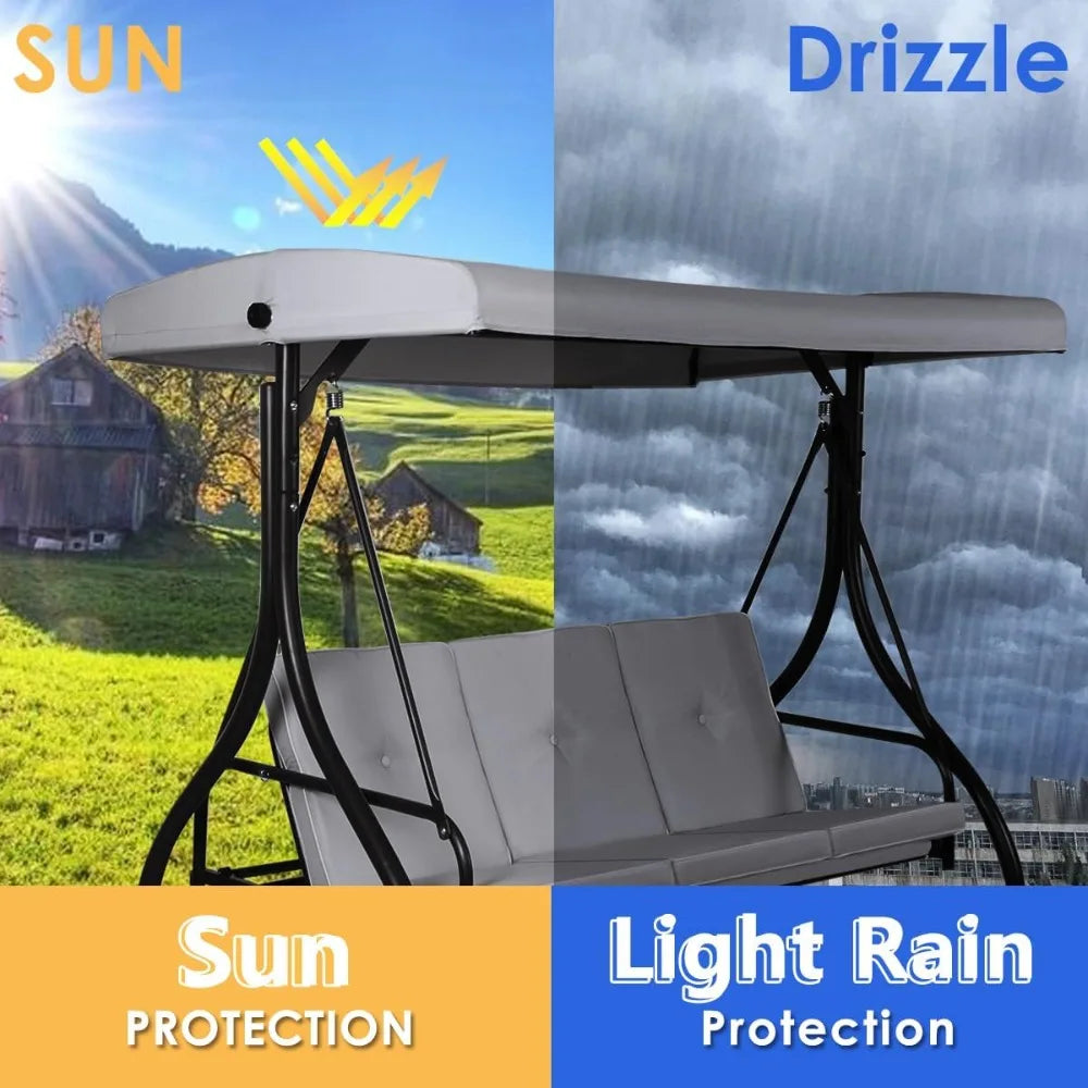 Garden Swing Chair, 3 Seater Convertible Outdoor Hammock Bench Chair with Adjustable Canopy and Cushions, Patio Swing Bench