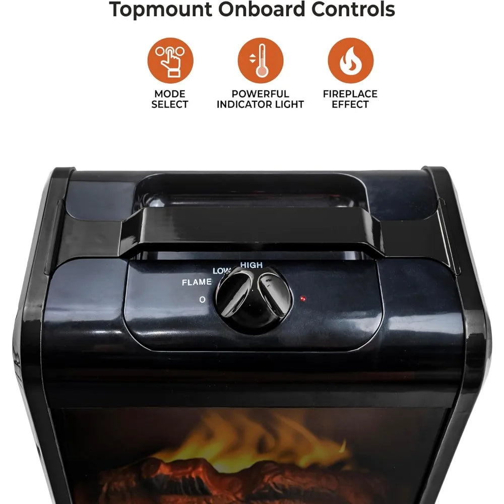 Electric Mini Fireplace Space Heater with Realistic 3D Flame, Stay-Cool Body, Carry Handle, Overheat Sensor, and Tip-Over Switch