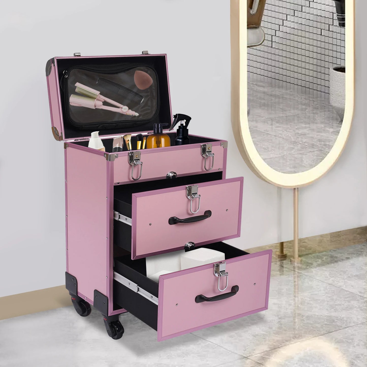 3 Layers Professional Makeup Rolling Train Case w/ 2 Drawers Make-up Traveling Case Trolley on Wheels Cosmetic Organizer w/Locks