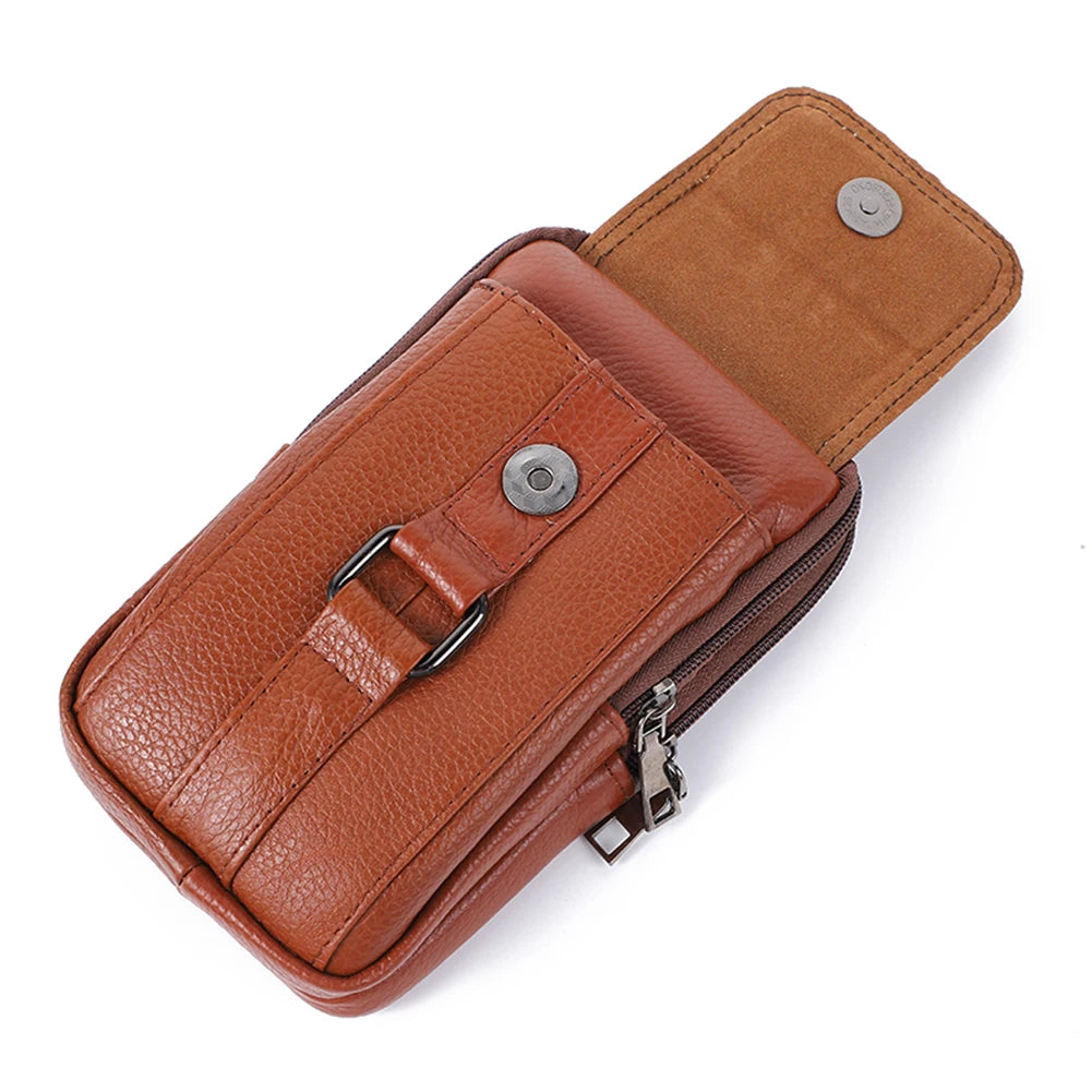 Portable Men Messenger Bags Cowhide Leather Cell Phone Belt Pack Fashion Simple Multi-pockets Casual for Outdoor Sport
