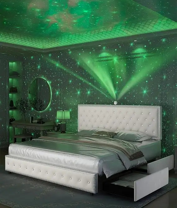 Queen led bed frame with 4 drawers，Galaxy Projector Adjustable Upholstered Headboard Diamond Bed frame with Charger Music Speake