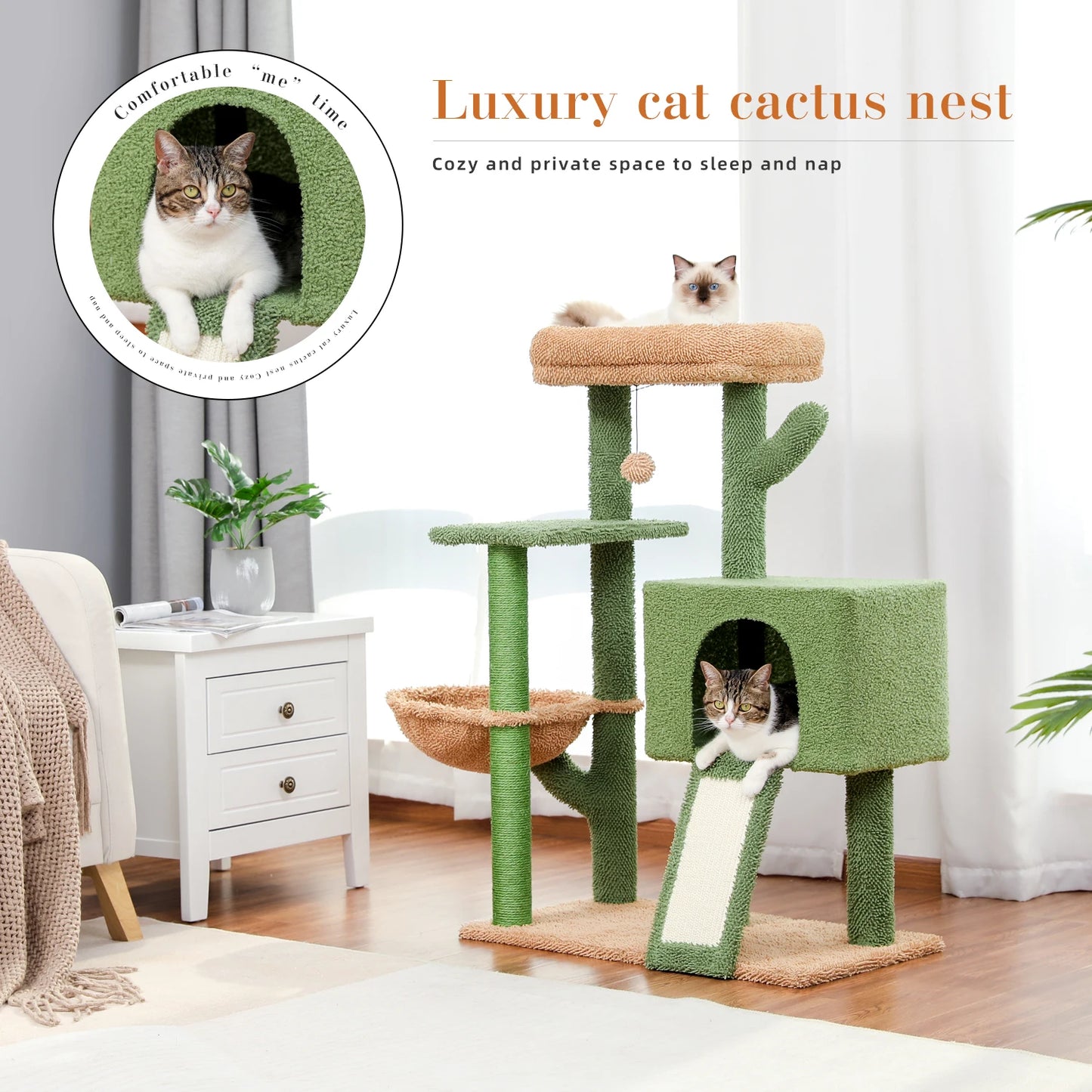 Cactus Cat Tree with Sisal Covered Scratching Post, Cozy Condo, Hammock, Multi-Level Cat Tower for Indoor Cats, Cat House Toys