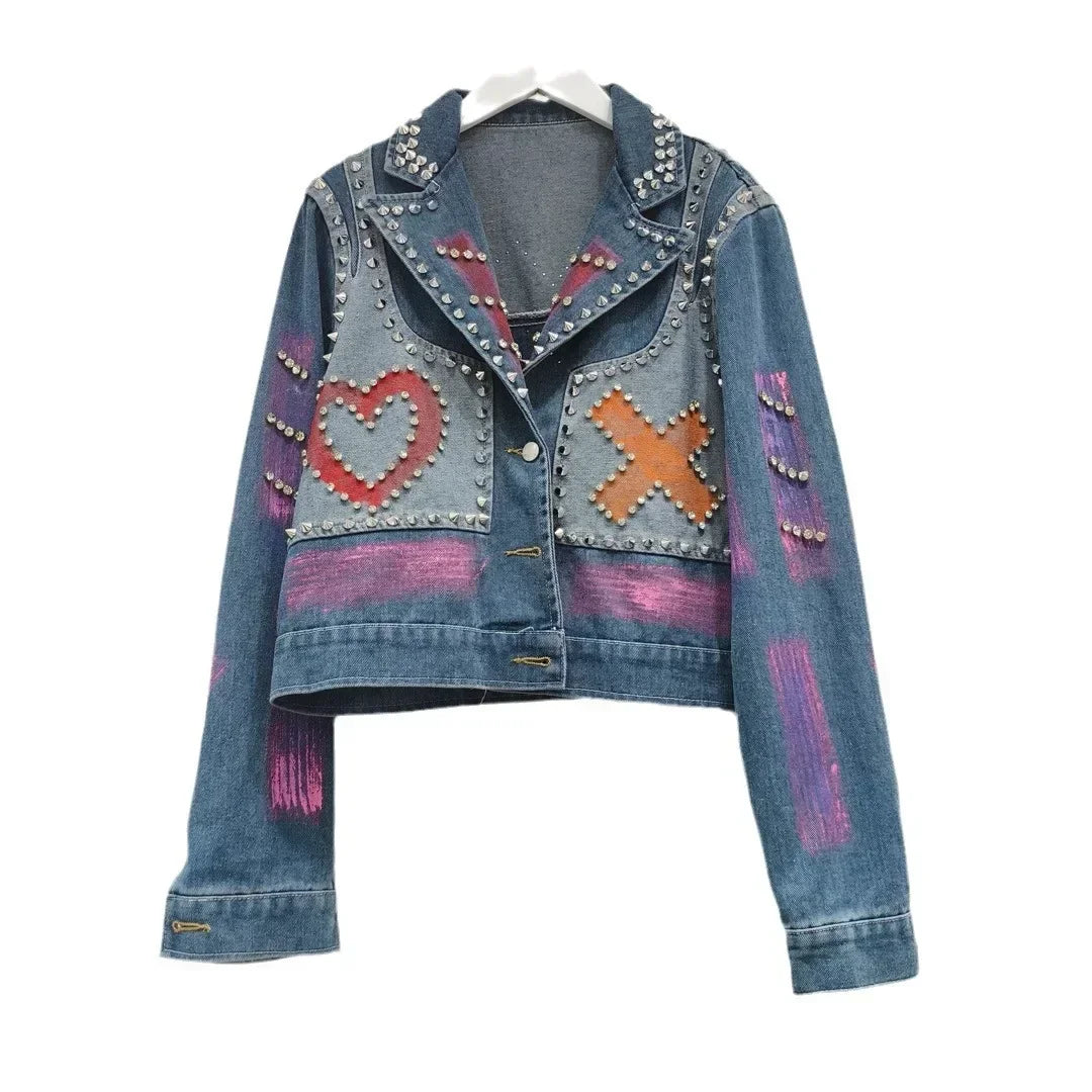Women Spring Hand Painted Graffiti Diamonds Beaded Denim Jacket Loose Rivets Jeans Coat Turn Down Collar Cowboy Cardigan Tops