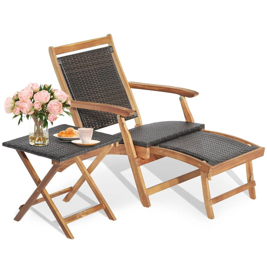 GOFLAME Folding Patio Rattan Sun Lounge Chair Table Set Wicker Table Acacia Wood Chair