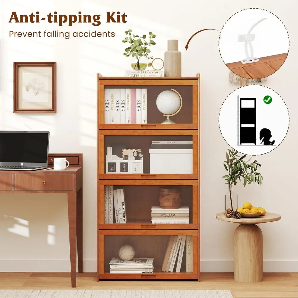 4-Tier Bookcase with Clear Doors, 55" Bamboo Bookshelf with Flip-up Acrylic Doors, Freestanding Cube Storage Organizer with She
