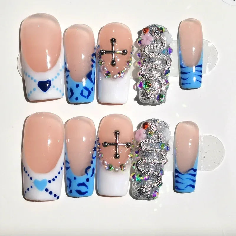 10pcs Handmade Duck Press on Nails Y2K False Nails Leopard Print Fake Nail Tips Short French Design Ins Spice Girl Wearable