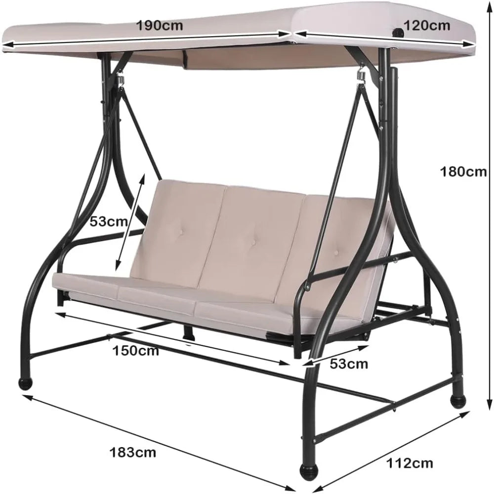 Garden Swing Chair, with Adjustable Canopy and Cushions, Outdoor Patio Hammock Convertible Bench, Patio Swing Bench