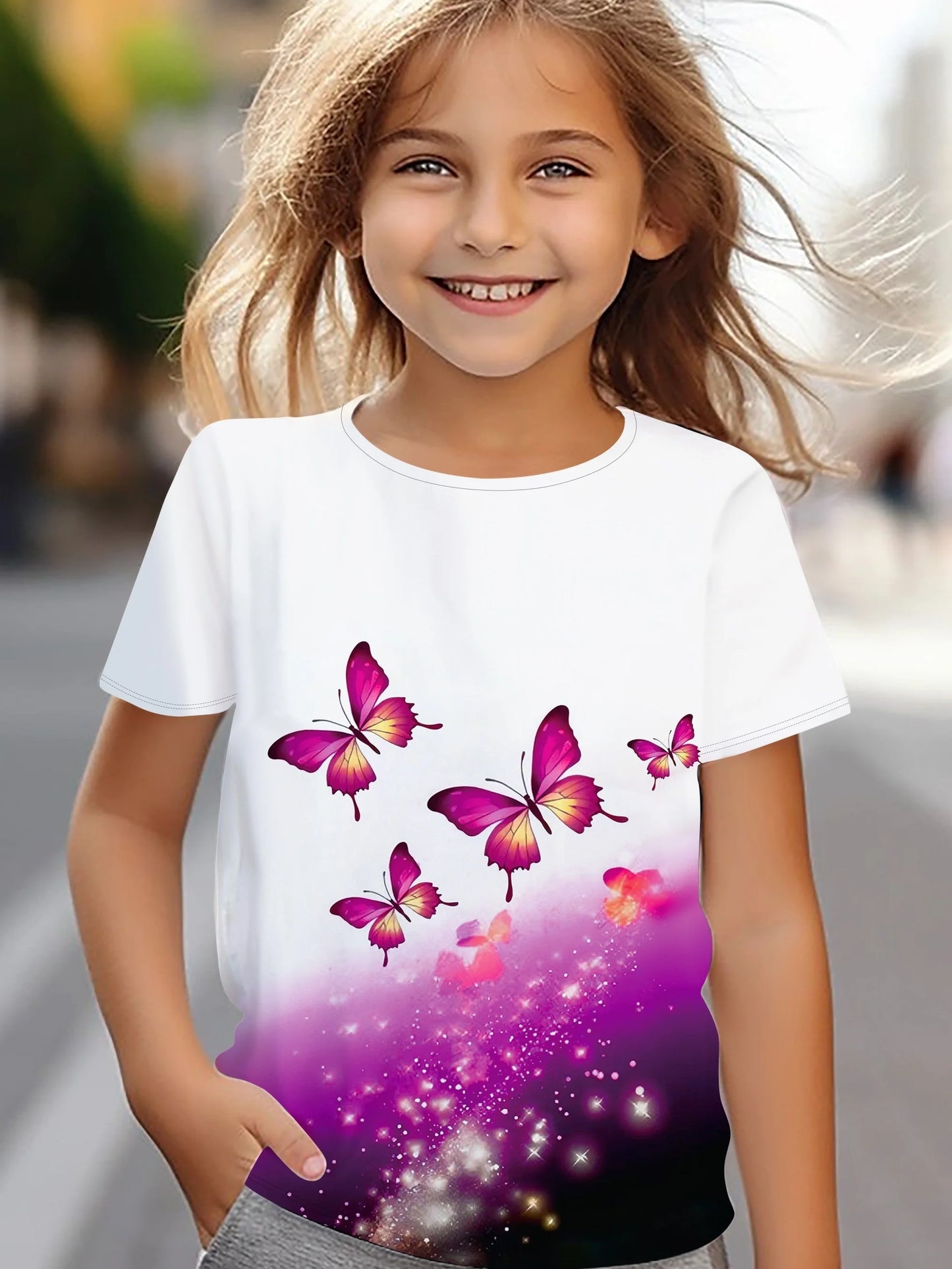 Children's Clothing Girl Clothes Short Sleeve Girl T-Shirt Prety Butterfly Print Kawaii Round Neck Girl Top Kids Summer Clothes