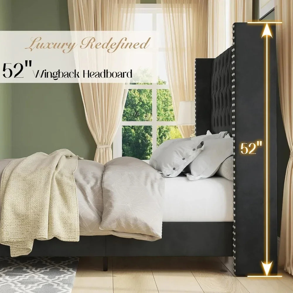 Upholstered Bed Frame with Tall Headboard Wingback Platform Bed Tufted Deep Button Velvet/No Box Spring Needed/Easy Assembly