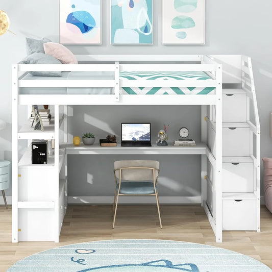 Harper & Bright Designs Full Size Loft Bed Frame with Stairs and Desk, Solid Wood Loft Bed with Storage Drawers and Bookshelf fo