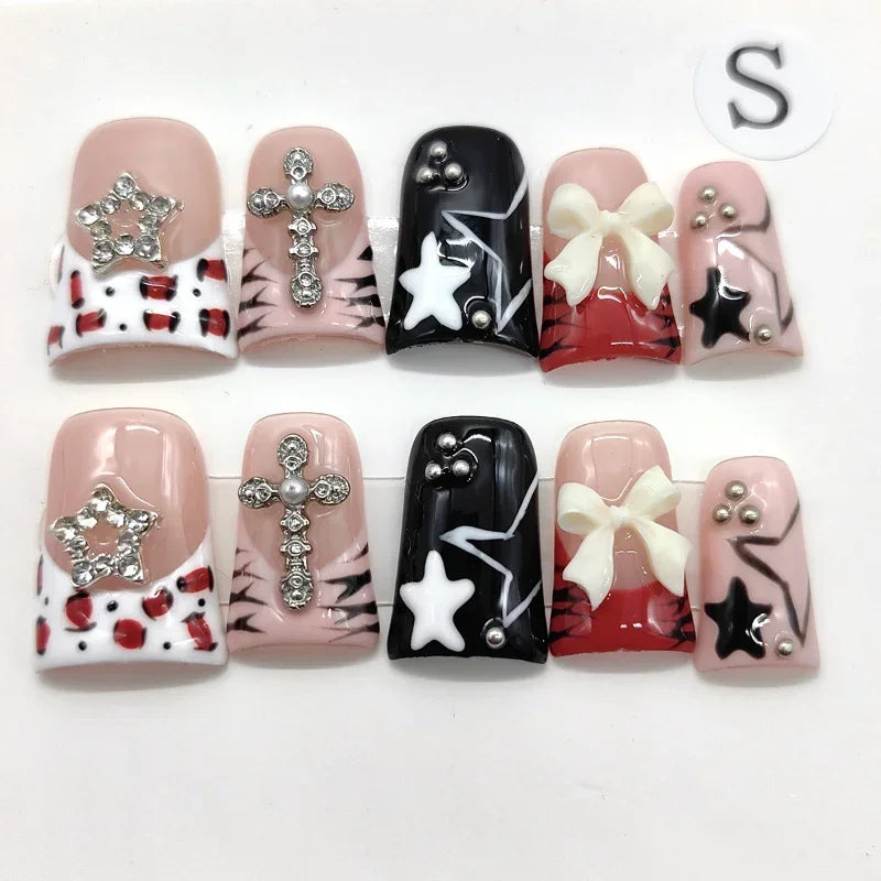 10pcs Handmade Duck Press on Nails Y2K False Nails Leopard Print Fake Nail Tips Short French Design Ins Spice Girl Wearable