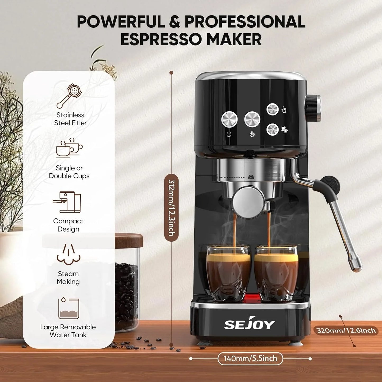 Sejoy Espresso Machine 20 Bar Espresso Coffee Maker Cappuccino Machine w/ Steam Wand