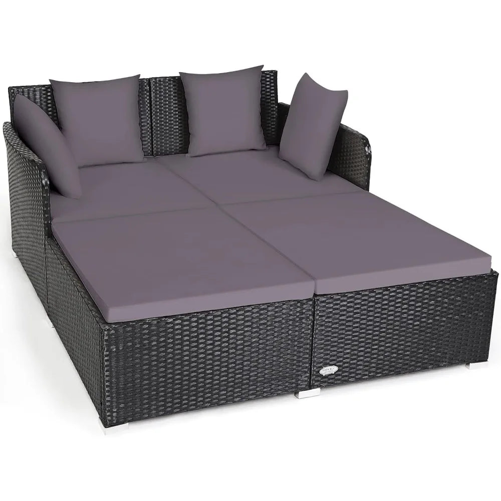 Outdoor Rattan Daybed, Patio Sofa Bed Sun Lounger Couch, Wicker Weave Loveseat Conversation Furniture Set, Deck Chair