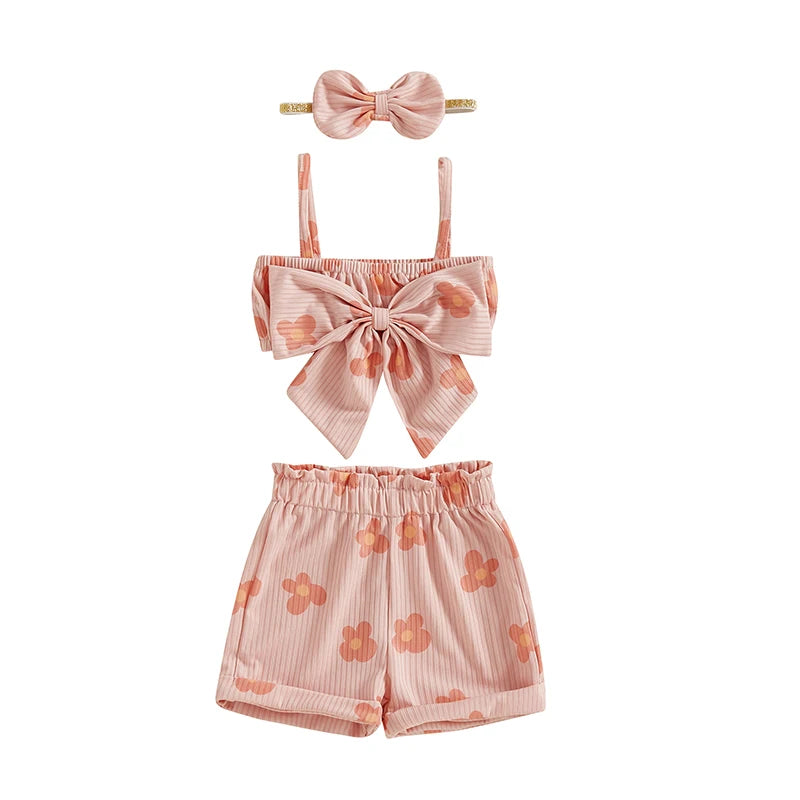 Toddler Girls 3 Piece Outfits Ruffle Sleeveless Top and Shorts Set with Headband Summer Clothes Floral Print Bow Camisole