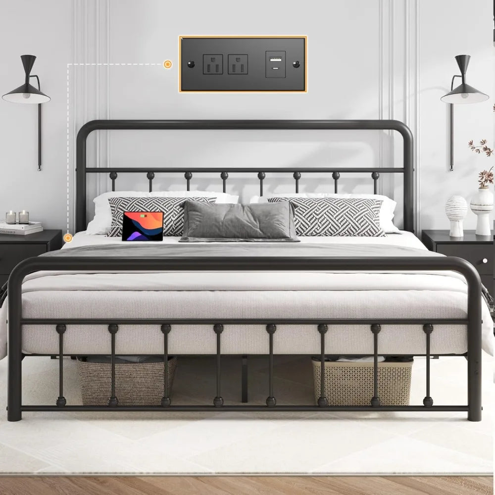 Bed Frame Classic Metal Platform Bed Frame with Charging Station & LED, Iron-Art  No Box Spring Needed, Noise Free, Black