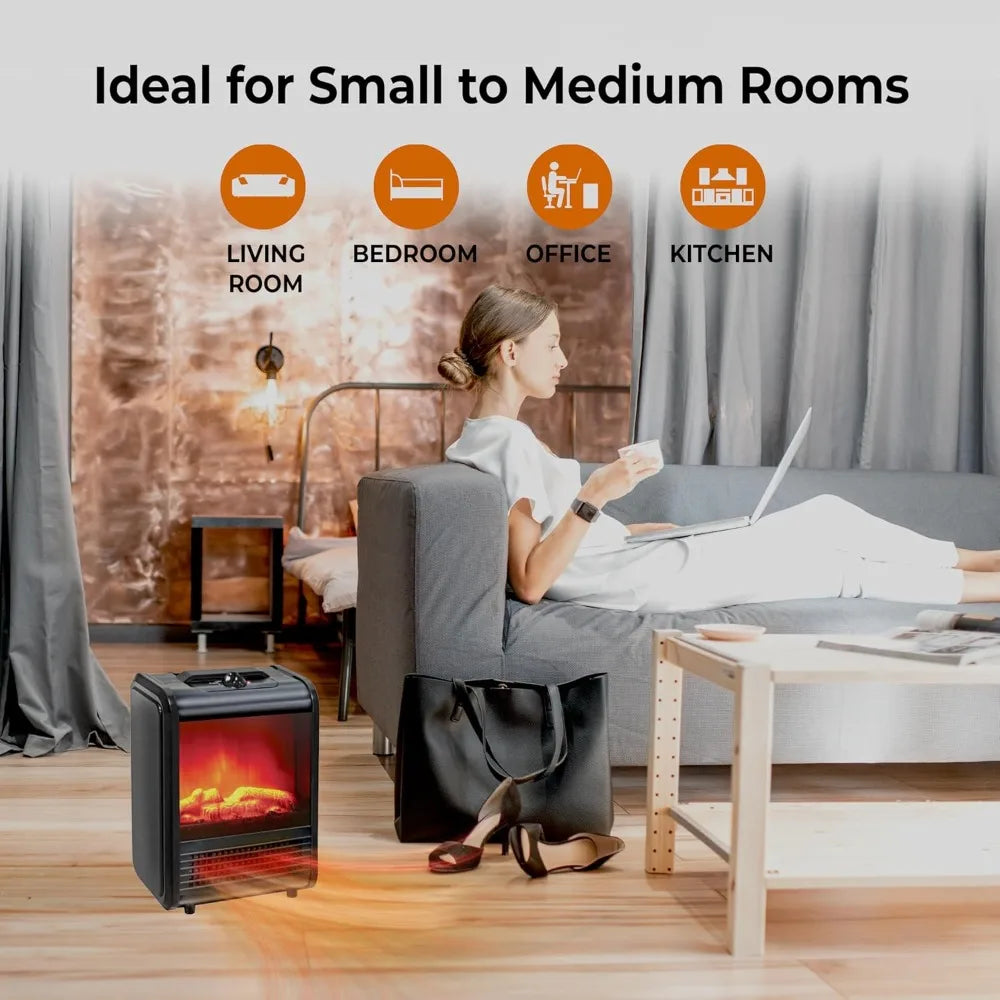 Electric Mini Fireplace Space Heater with Realistic 3D Flame, Stay-Cool Body, Carry Handle, Overheat Sensor, and Tip-Over Switch