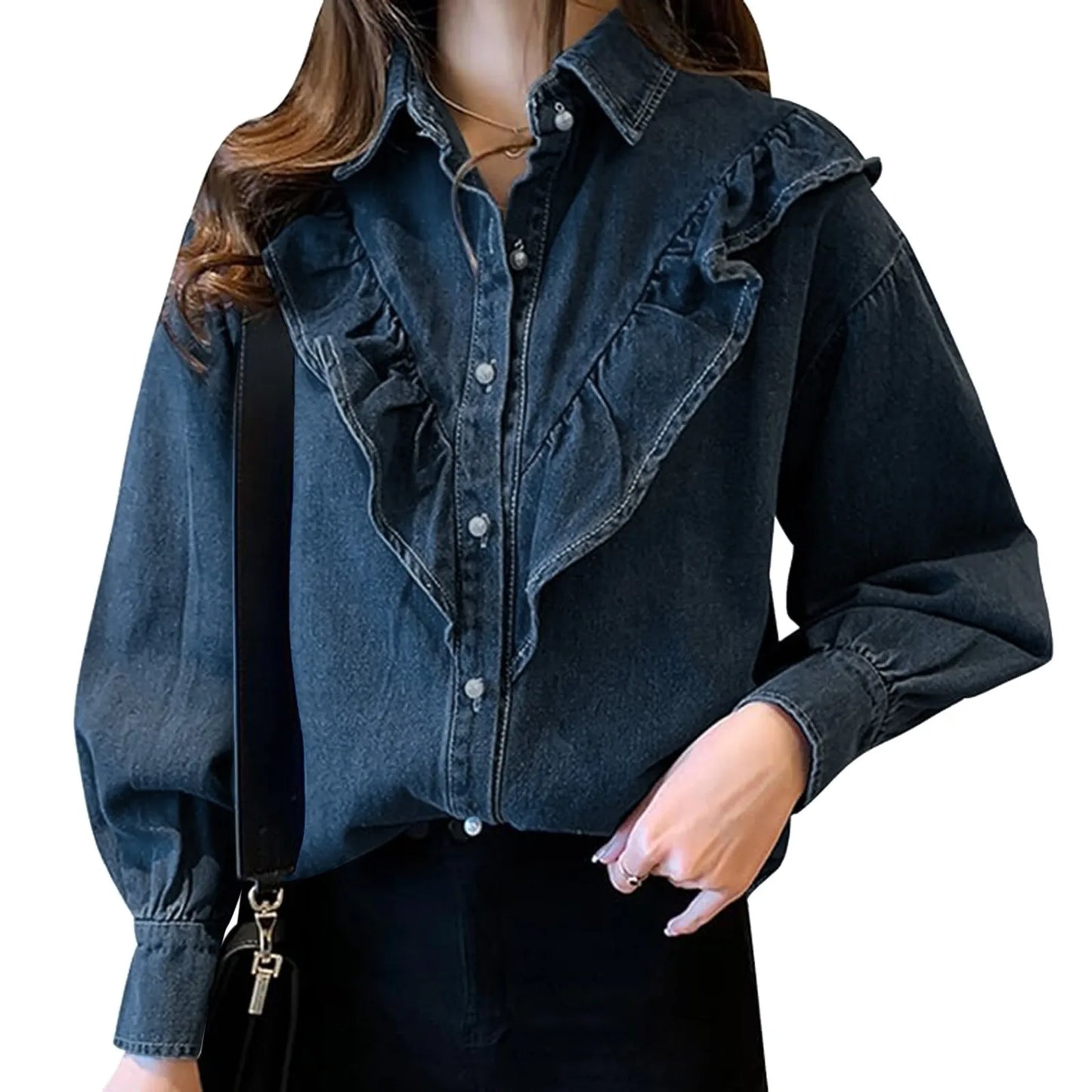 Women'S Casual Sweet Ruffled Denim Shirt Loose Thin Long-Sleeved Blouse Jacket Korean Style Y2k Ruffles Neck Vintage Denim Shirt