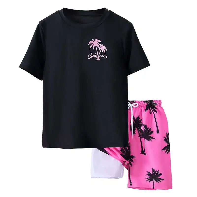 Children Boys Summer Short Sleeve Beach Suit Clothing Set Printing Breathable Kids Sports Short Sleeve Beach Pants