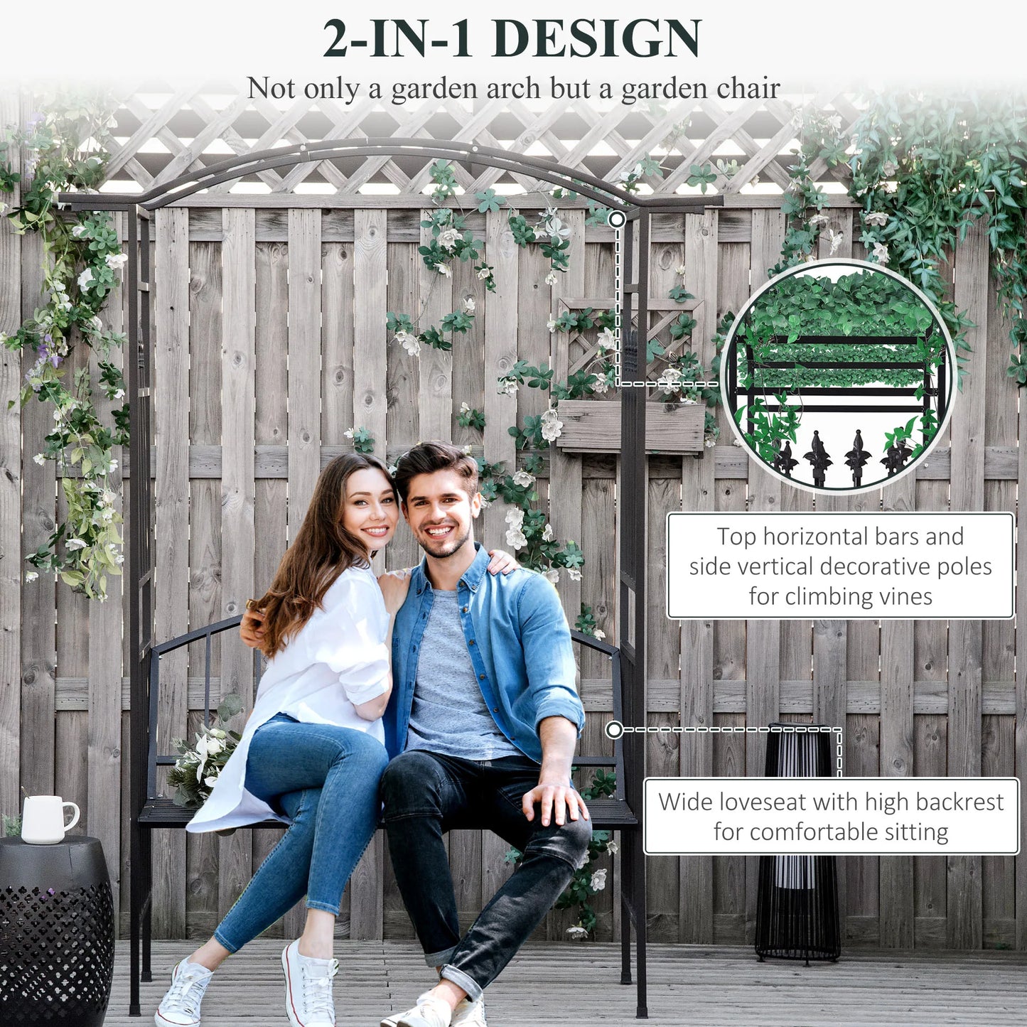 Outsunny Garden Metal Arch Arbour with Bench Love Seat Chair Outdoor Patio Rose Trellis Pergola Climbing Plant Archway Tubular