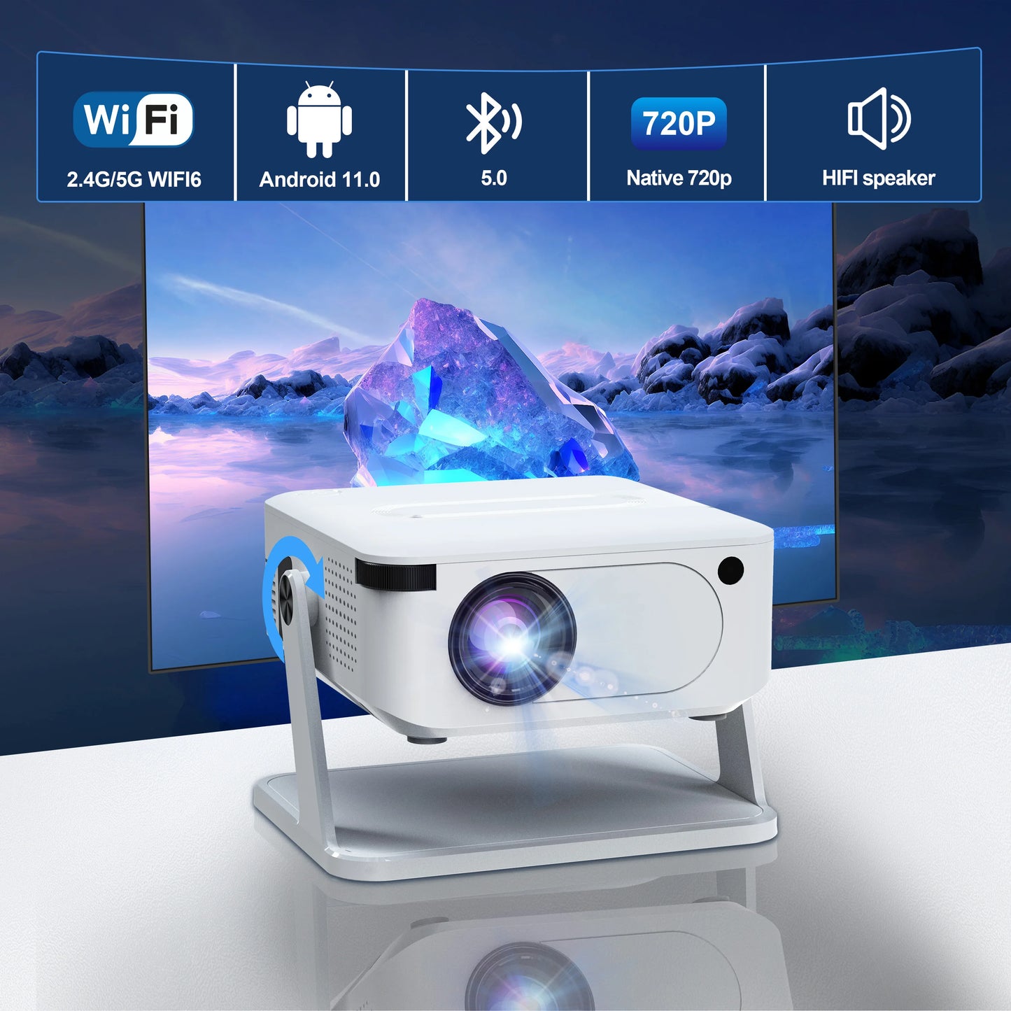 Mini Portable Projector 720P HD Portable Projector Wifi Bluetooth Movie Projector Game Android 11 BT5.2 WIFI6 Projector for Home