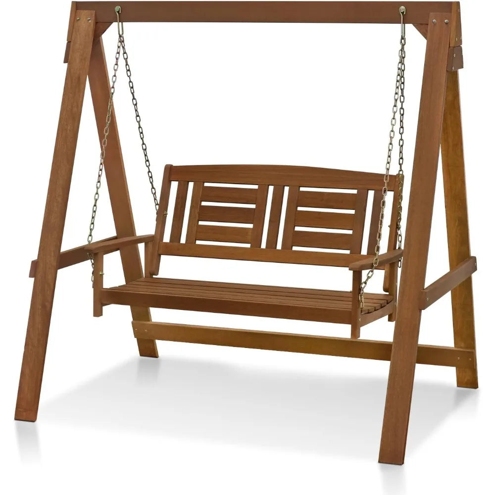Garden Swing Chair, Hardwood Hanging Porch Swing with Stand in Teak Oil, Natural, Patio Swing Bench