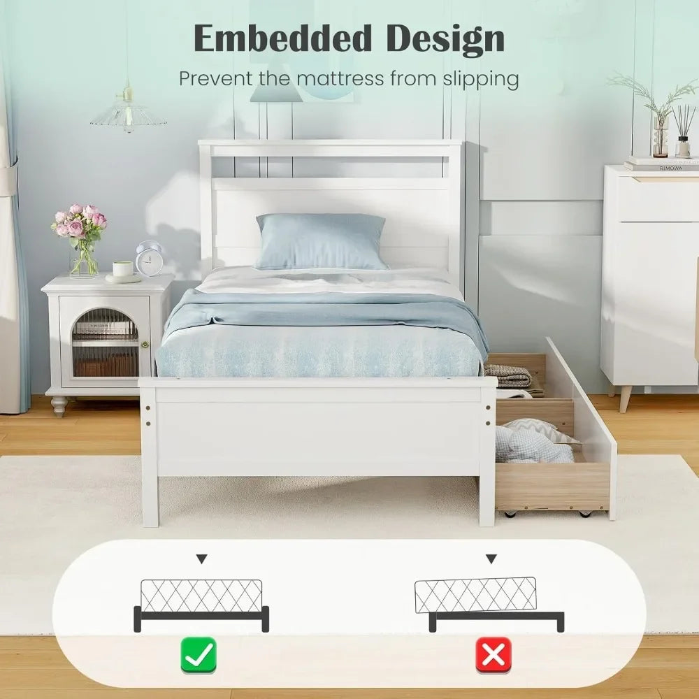 Wood Twin Bed with 2 Storage Drawers, Solid Wood Platform Bed with Headboard, Single Bed Wooden Slats Support