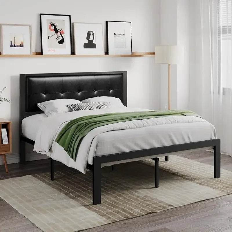 King Size Bed Frame Upholstered Headboard,Platform Bed with Metal Slats,Button Tufted Square Stitched Headboard,Grey