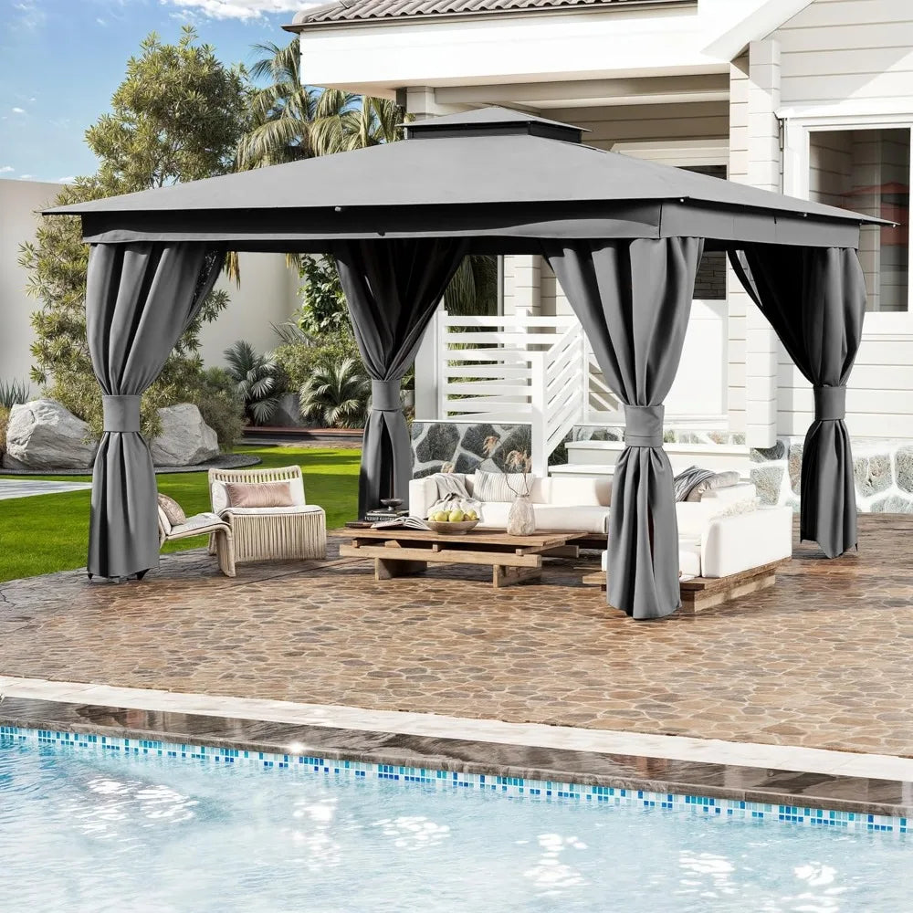 10x13 FT Outdoor Gazebo for Patio, Heavy Duty Party Tent with Double Roofs, Outdoor Canopy with Curtains and Nettings for Deck,