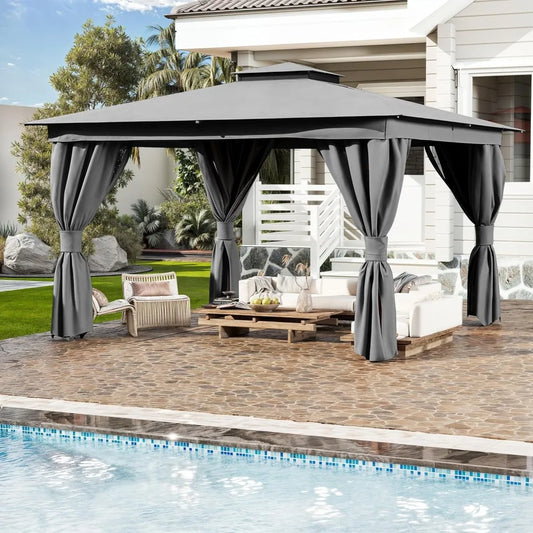 10x13 FT Outdoor Gazebo for Patio, Heavy Duty Party Tent with Double Roofs, Outdoor Canopy with Curtains and Nettings for Deck,