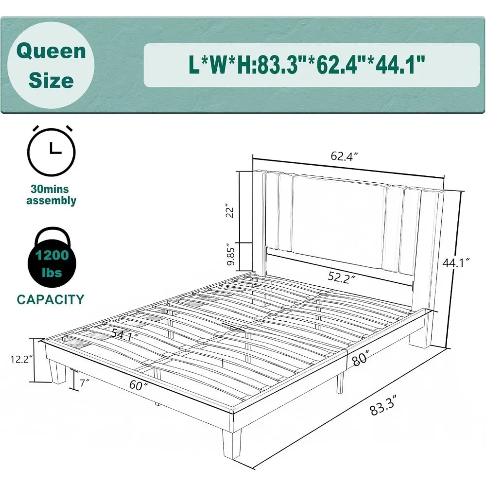 Queen Size Bed Frame, Velvet Upholstered Platform with Headboard, Beige(Beige, Queen (U.S. Standard))