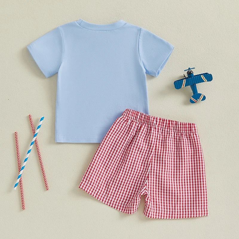 Boys Fourth of July Clothing Set with American Flag Embroidery Round Neck Tee and Elastic Waist Shorts for Independence Day