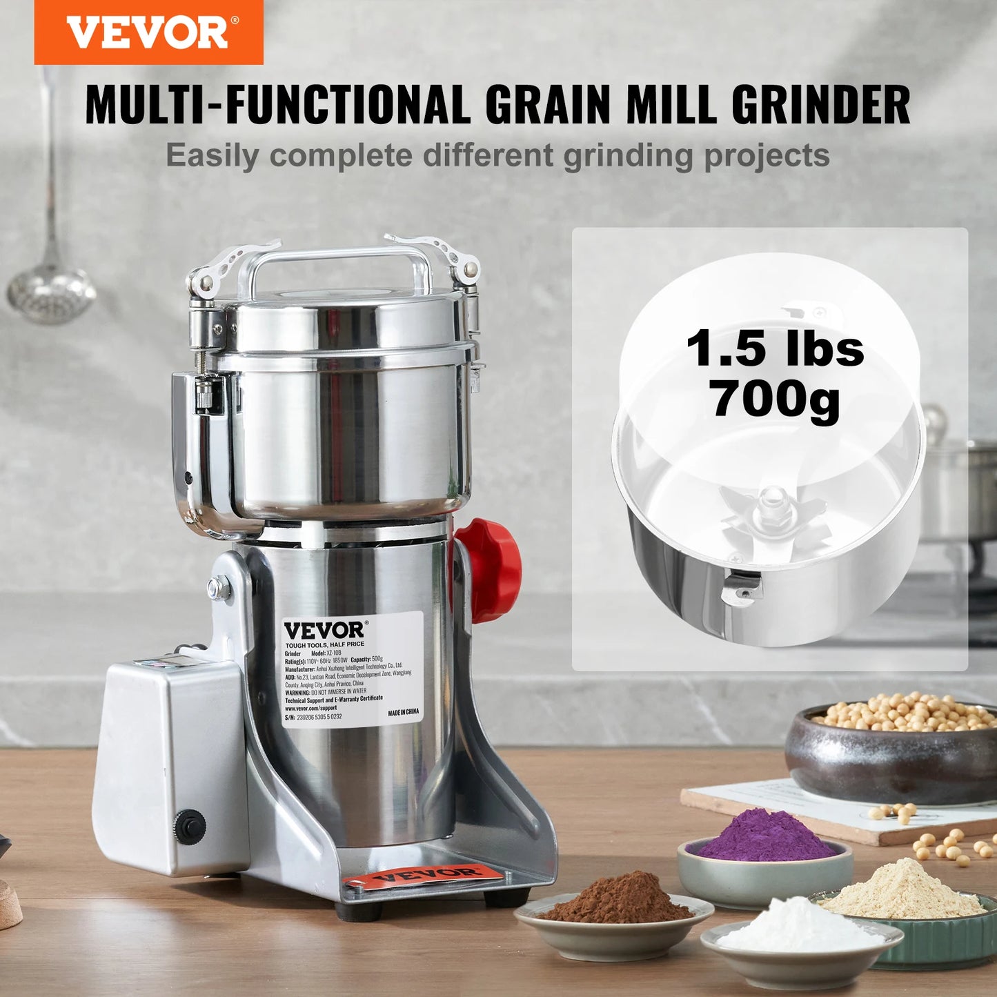 VEVOR 150-2500g Electric Grain Mill Grinder Commercial Swing Spice Grinders for Dry Herbs Grains Spices Cereals Coffee Corn