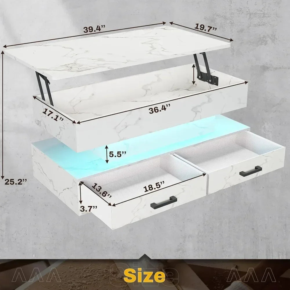 40" Lift Top Coffee Table, Coffee Tables with Storage for Living Room, Small Coffee Table with 2 Fabric Drawers & LED Lig
