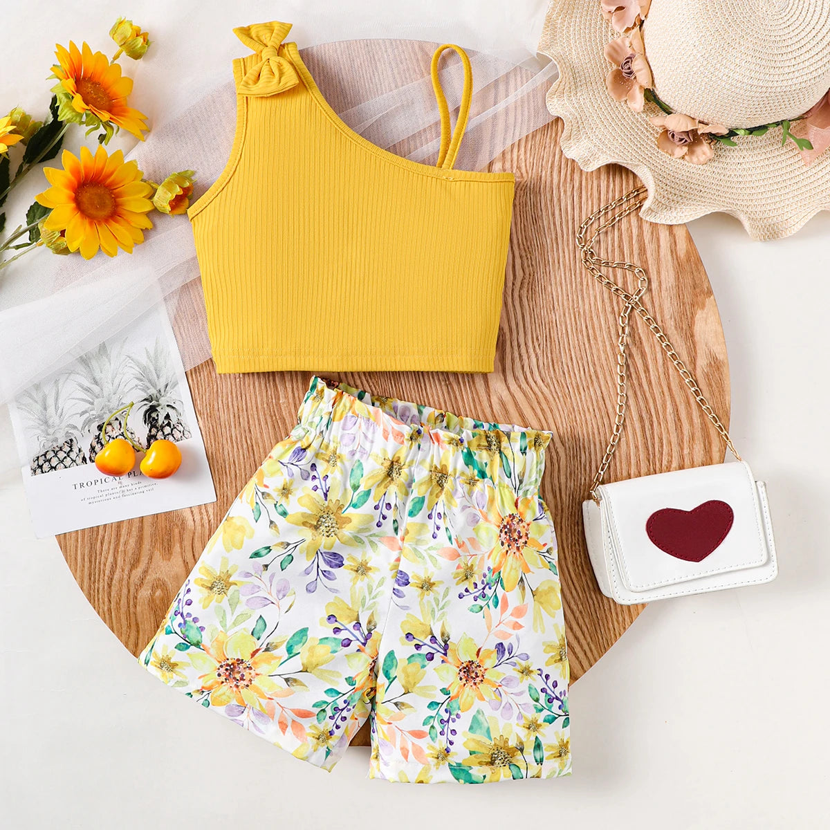 2PCS Summer Kids Girl Clothes Set Suspenders Bow Top+Flower Shorts Fashion Sense Design Party Costume For Child Girls 1-8 Years