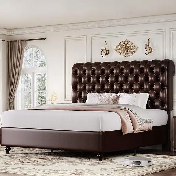 YITAHOME Queen Size Platform Bed Frame with 60" Tall Wingback Headboard and Footboard, Velvet Upholstered Bed with LED Light, So