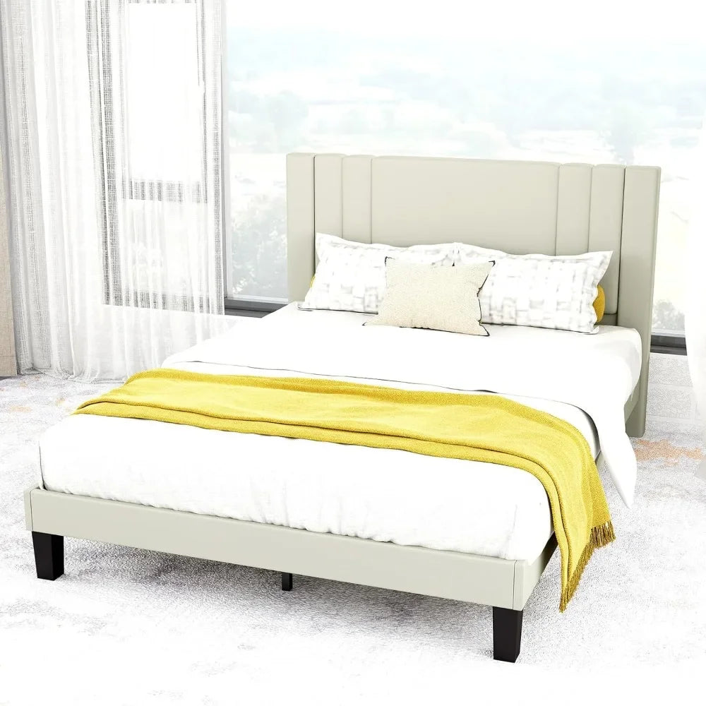 Queen Size Bed Frame, Velvet Upholstered Platform with Headboard, Beige(Beige, Queen (U.S. Standard))