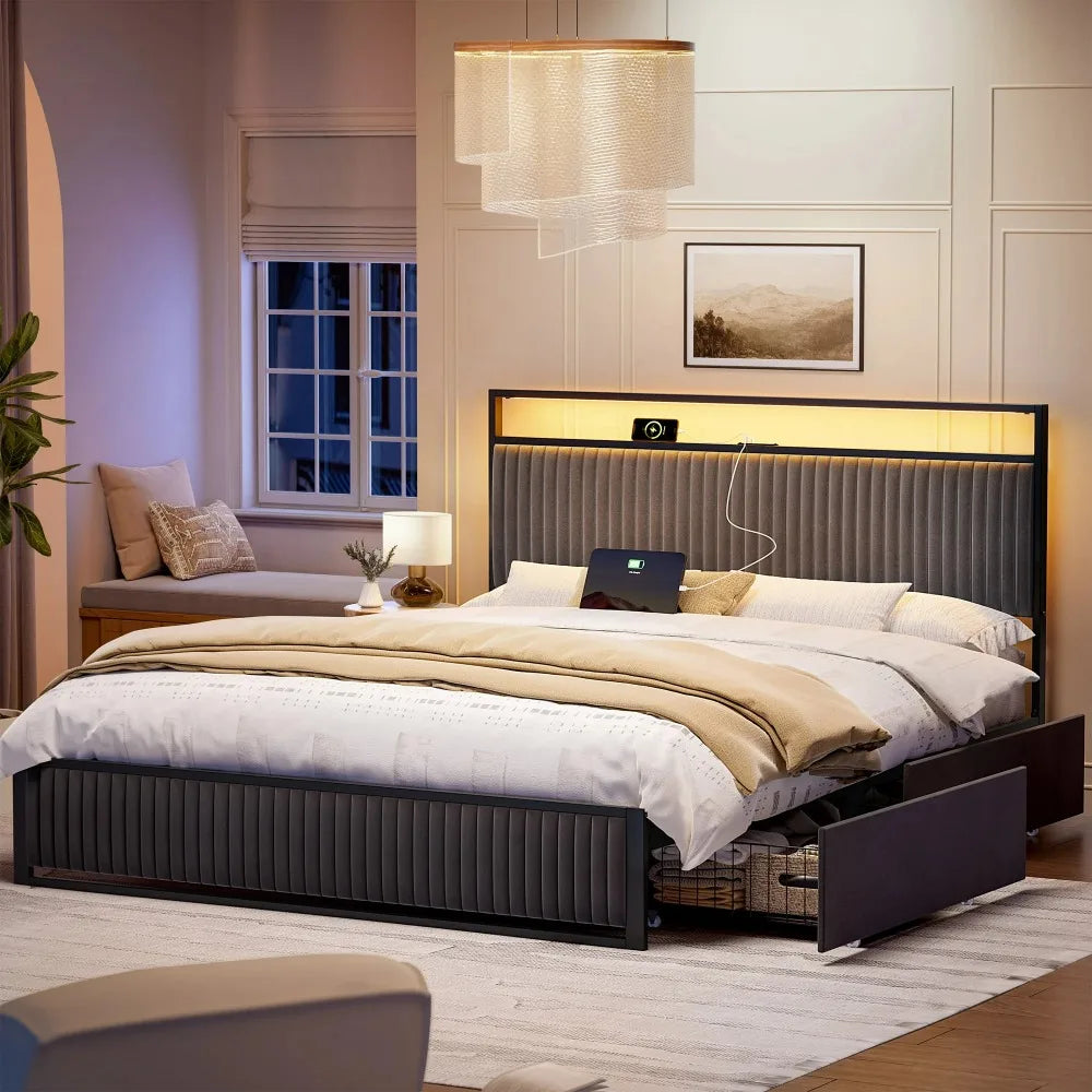 Bed Frame with Headboard, Platform Bed with 2 Drawers, Velvet Upholstered Bed Frame with LED Lights & Charging Station, Beds