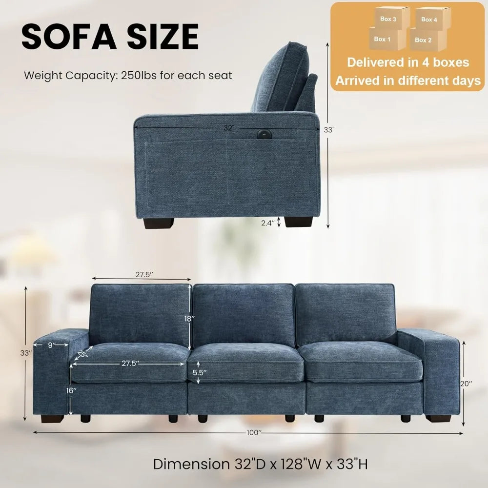 100" Modular Sofa with Seats Storage, Comfy 3-Seater Chenille Fabric Couch for Living Room, Office, Apart W/Deep Seat, USB Char