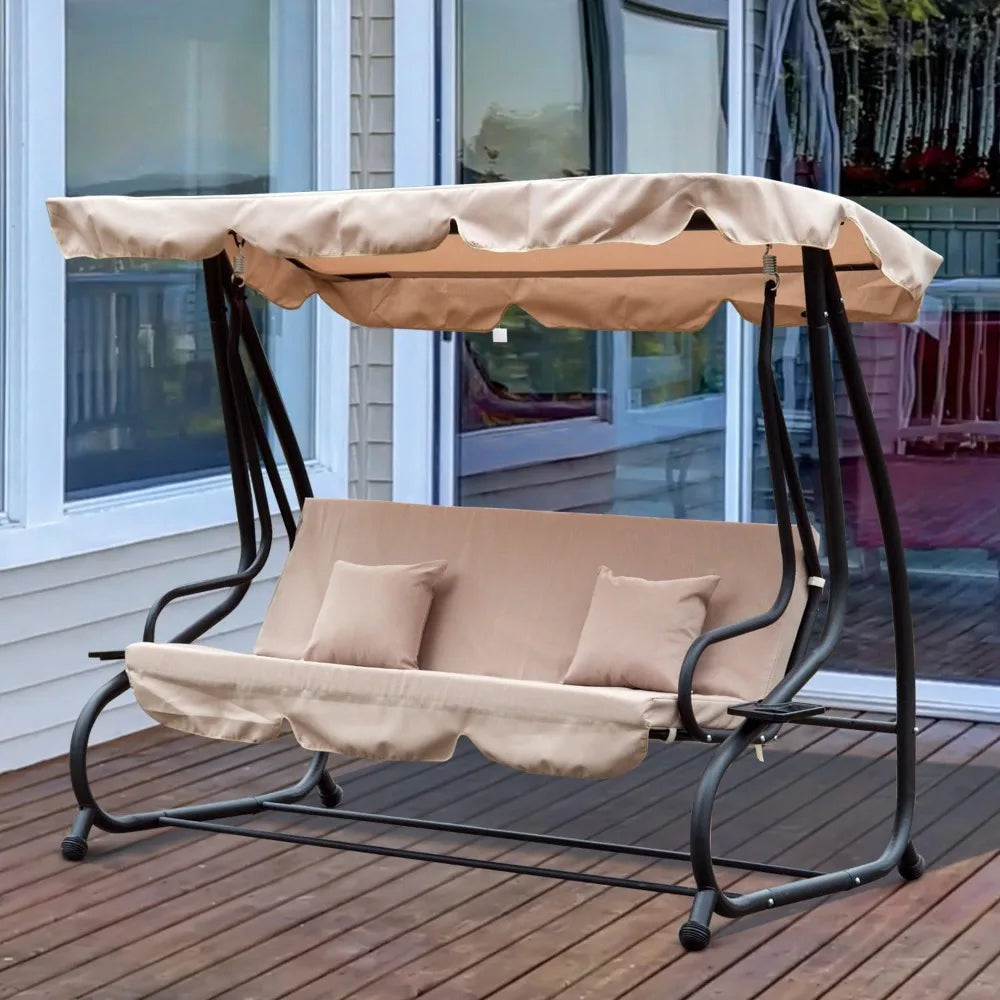 Garden Swing Chair, 2-in-1 3 Seater Convertible Swing Chair with Tilting Canopy, Cushioned Seat and 2 Pillows, Patio Swing Bench