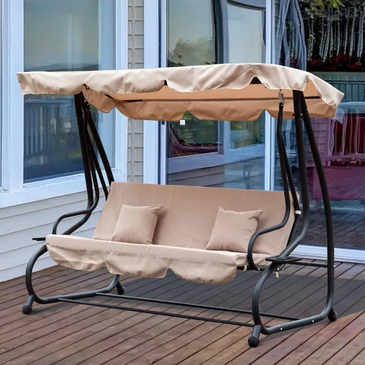 Garden Swing Chair, 2-in-1 3 Seater Convertible Swing Chair with Tilting Canopy, Cushioned Seat and 2 Pillows, Patio Swing Bench